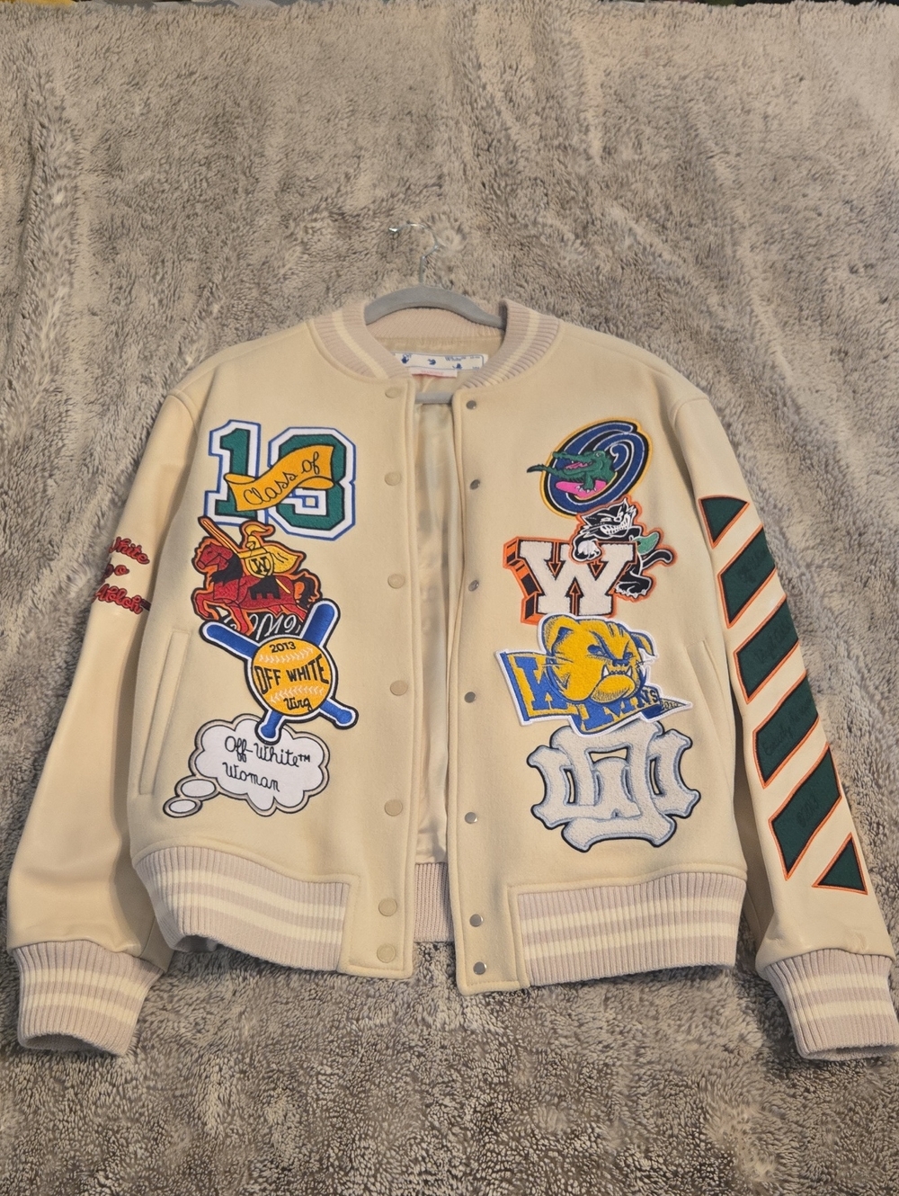 OFF White Cream Varsity Jacket with Leather Sleeves